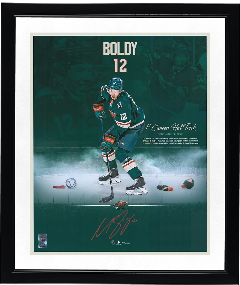 Photo stylisée autographiée de Matthew Boldy (Minnesota Wild) - 1er tour du chapeau (40,6 x 50,8 cm)