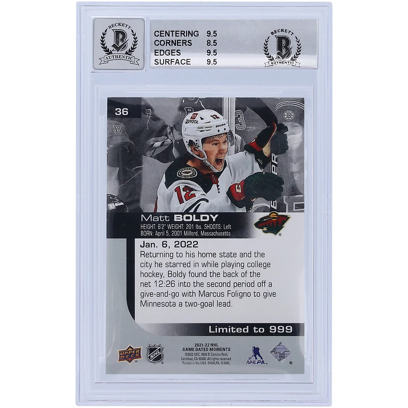 Matthew Boldy Minnesota Wild Autographed 2021-22 Upper Deck Game Dated Moments Rookie Debut #36 Beckett Fanatics Witnessed Authenticated 9/10 Card - 9.5/8.5/9.5/9.5 Subgrades