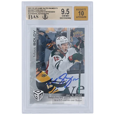 Matthew Boldy Minnesota Wild Autographed 2021-22 Upper Deck Game Dated Moments Rookie Debut #36 Beckett Fanatics Witnessed Authenticated 9.5/10 Card