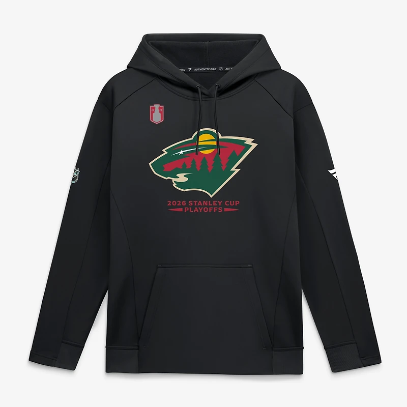 Sweat à capuche authentique Pro Rink Fly Fleece noir pour homme, Minnesota Wild, séries éliminatoires de la Coupe Stanley 2026, Fanatics