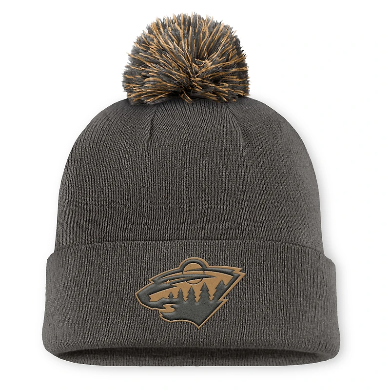 Bonnet en tricot à revers avec pompon, couleur anthracite, authentique, style militaire, Fanatics Minnesota Wild pour homme