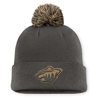 Bonnet en tricot à revers avec pompon, couleur anthracite, authentique, style militaire, Fanatics Minnesota Wild pour homme