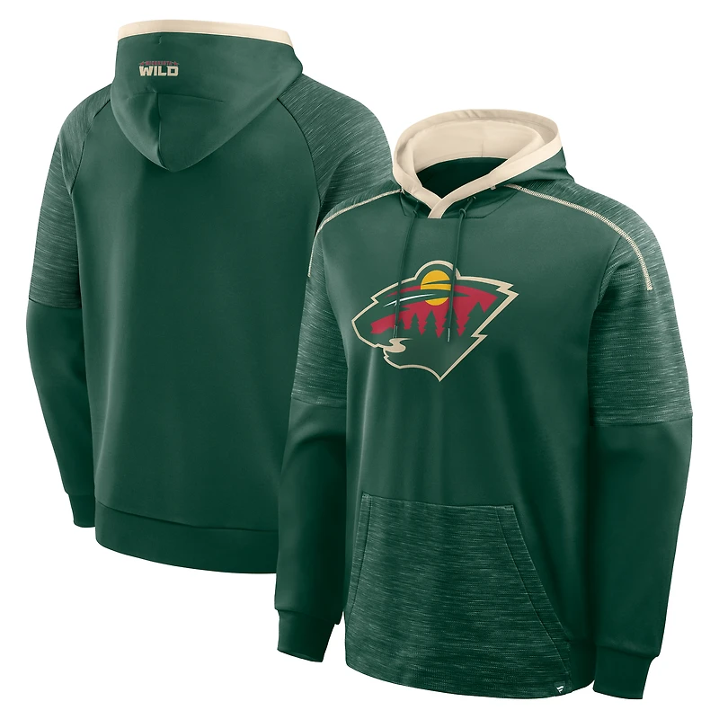 Sweat à capuche raglan vert Minnesota Wild pour homme, modèle Fanatics, gardien de but et défenseur.