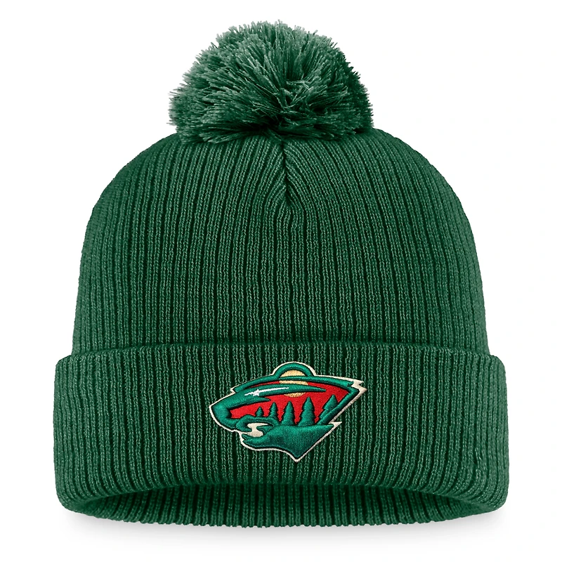Men's Fanatics Green Minnesota Wild Primary Logo Cuffed Knit Hat with Pom