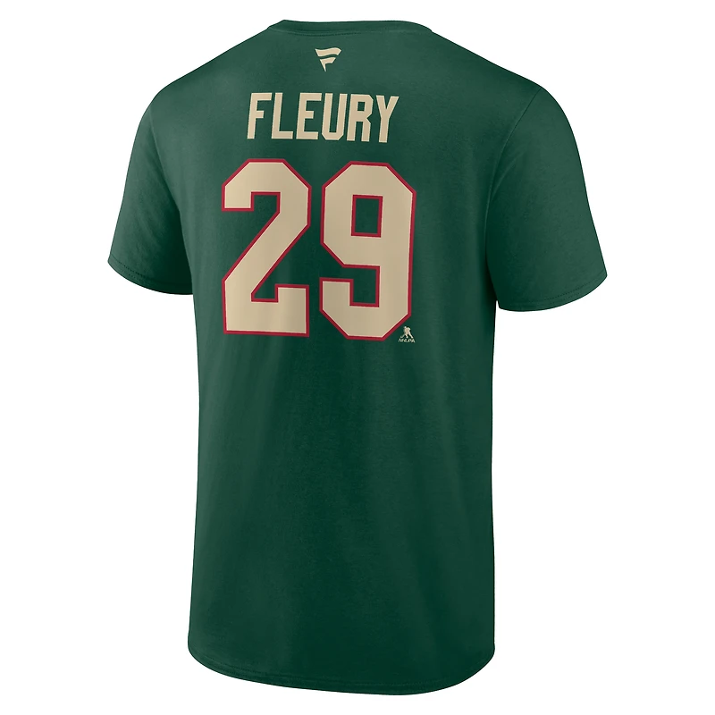 T-shirt Fanatics pour homme Marc-André Fleury, vert, authentique, Minnesota Wild, avec nom et numéro Stack