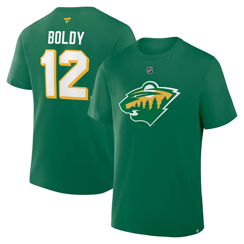T-shirt authentique Fanatics Matthew Boldy vert Minnesota Wild pour homme, avec nom et numéro.