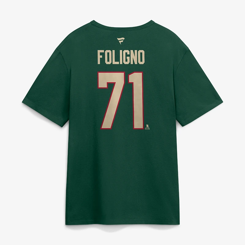 T-shirt authentique Fanatics Nick Foligno vert Minnesota Wild pour homme, avec nom et numéro.