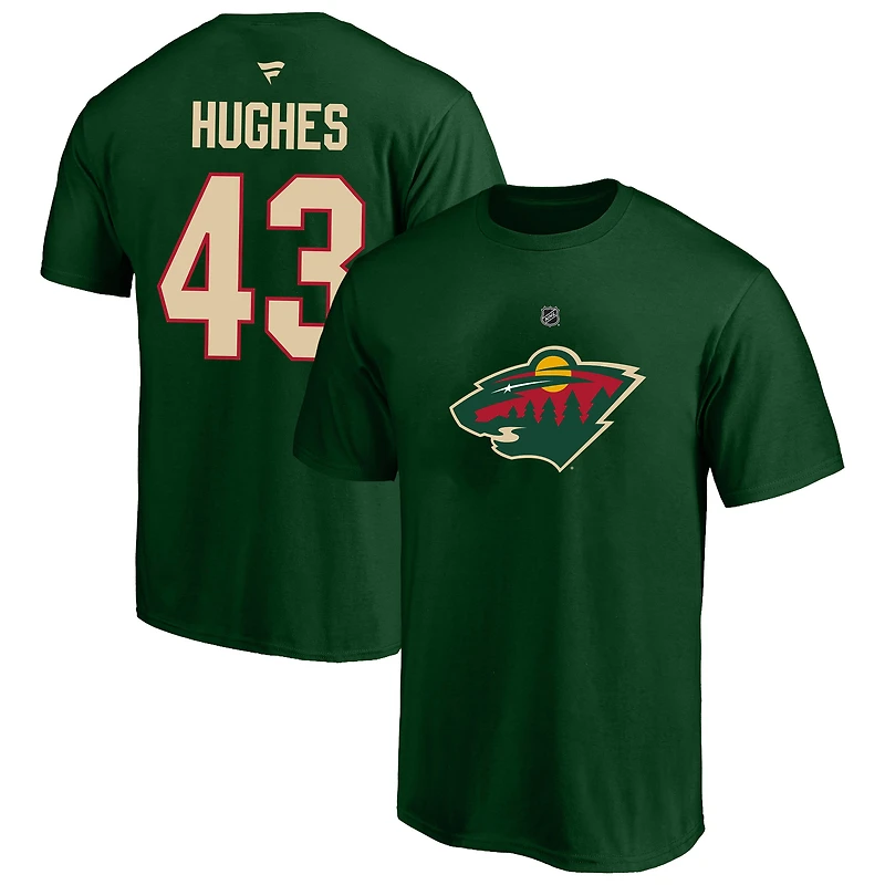 T-shirt Fanatics Quinn Hughes vert Minnesota Wild grandes tailles avec logo Heat Check et nom numéro pour homme