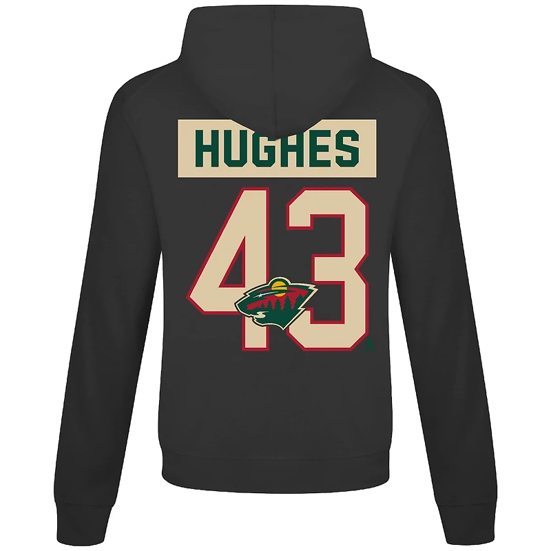 T-shirt à capuche manches longues pour homme Levelwear Quinn Hughes noir Minnesota Wild Relay avec nom et numéro