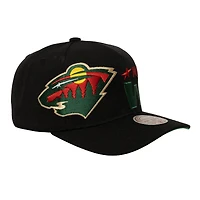 Men's Mitchell & Ness  Black Minnesota Wild Busted Logo Wordmark Wrap-Around Pro Pinch Adjustable Hat