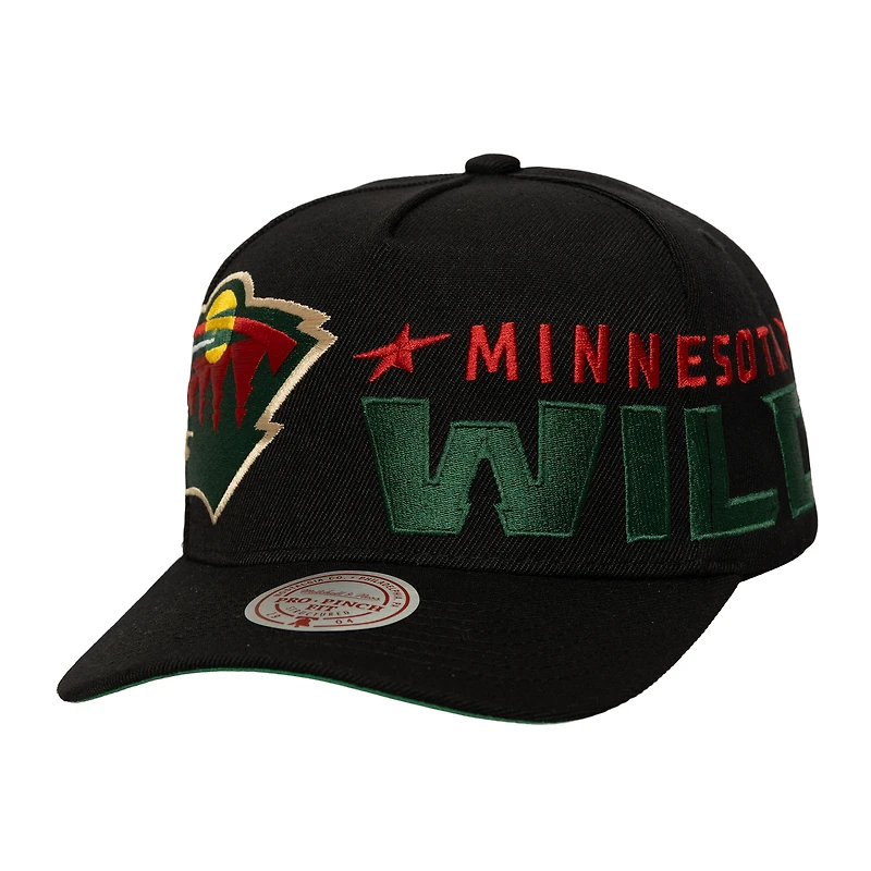 Men's Mitchell & Ness  Black Minnesota Wild Busted Logo Wordmark Wrap-Around Pro Pinch Adjustable Hat
