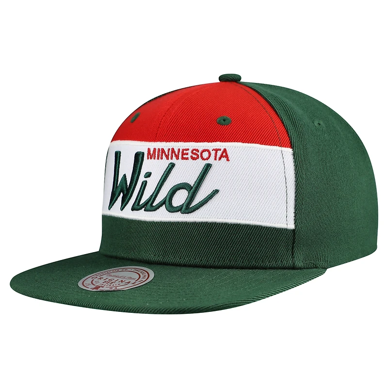 Men's Mitchell & Ness Green Minnesota Wild Retro Script Colorblock Snapback Hat