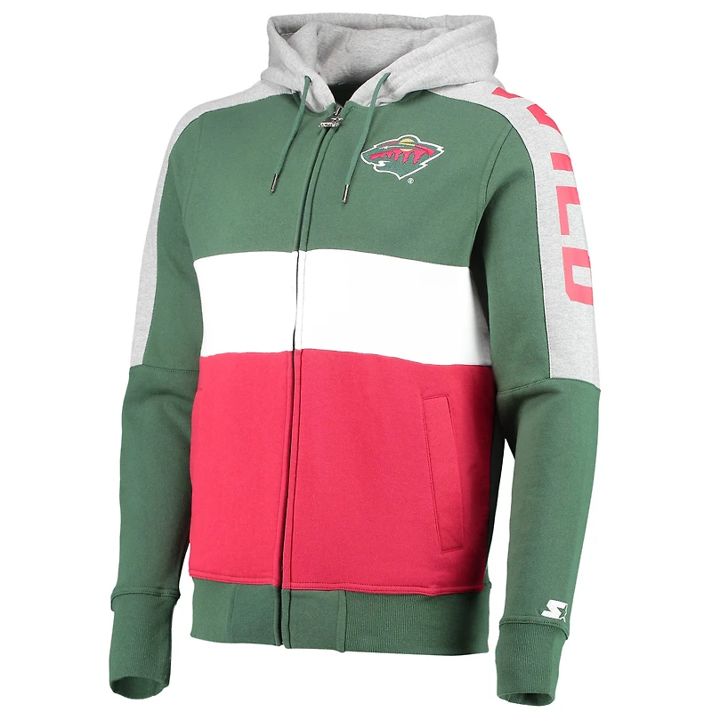 Sweat à capuche avec fermeture éclair et blocs de couleurs Minnesota Wild Playoffs Starter vert/rouge pour homme