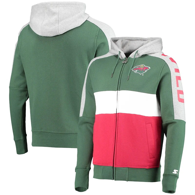Sweat à capuche avec fermeture éclair et blocs de couleurs Minnesota Wild Playoffs Starter vert/rouge pour homme