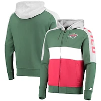 Sweat à capuche avec fermeture éclair et blocs de couleurs Minnesota Wild Playoffs Starter vert/rouge pour homme