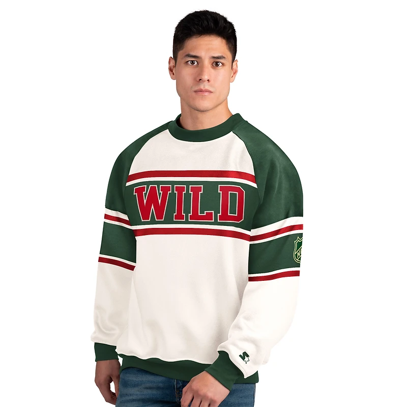 Men's Starter White Minnesota Wild Defense Fleece Crewneck Sweatshirt