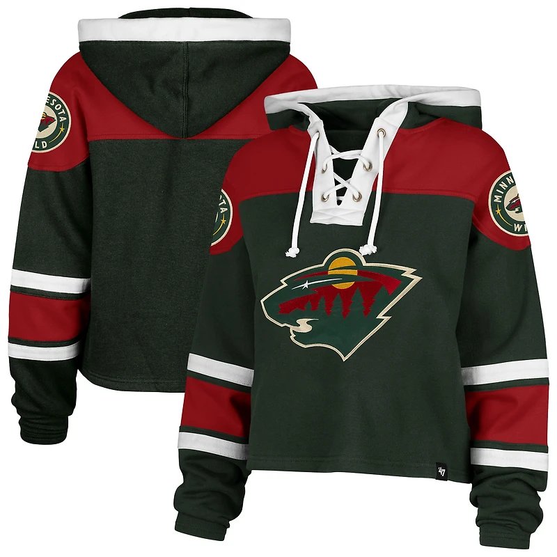 Women's '47  Dark Green Minnesota Wild Cropped Lacer Hoodie