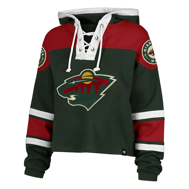 Women's '47  Dark Green Minnesota Wild Cropped Lacer Hoodie