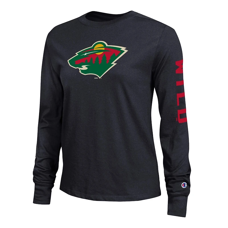 T-shirt à manches longues Champion noir Minnesota Wild 2 coups pour femmes
