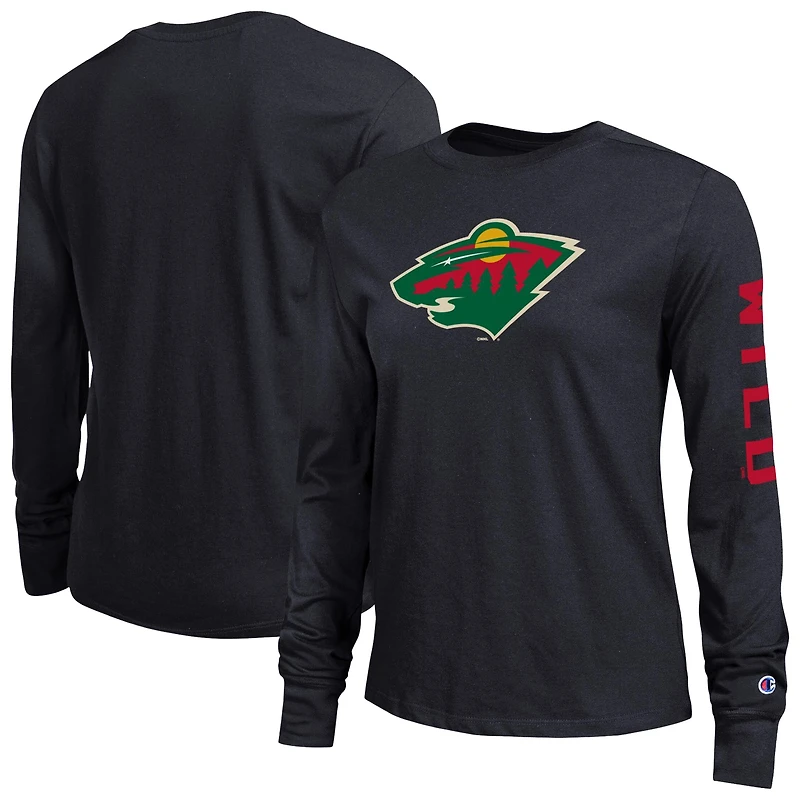 T-shirt à manches longues Champion noir Minnesota Wild 2 coups pour femmes