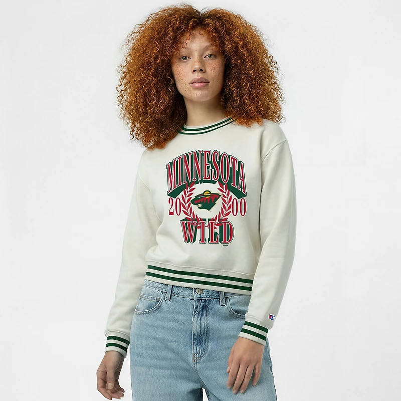 Women's Champion Cream Minnesota Wild Bold Laurels Reverse Weave Yarn Crewneck Sweatshirt