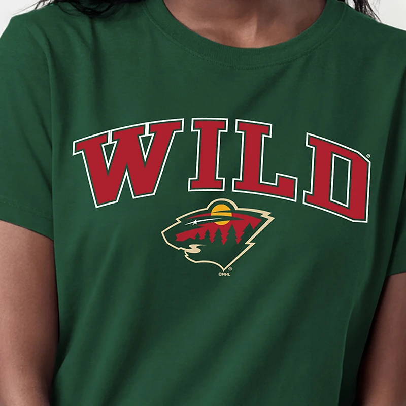 Women's Champion Green Minnesota Wild Arch Mascot Logo T-Shirt