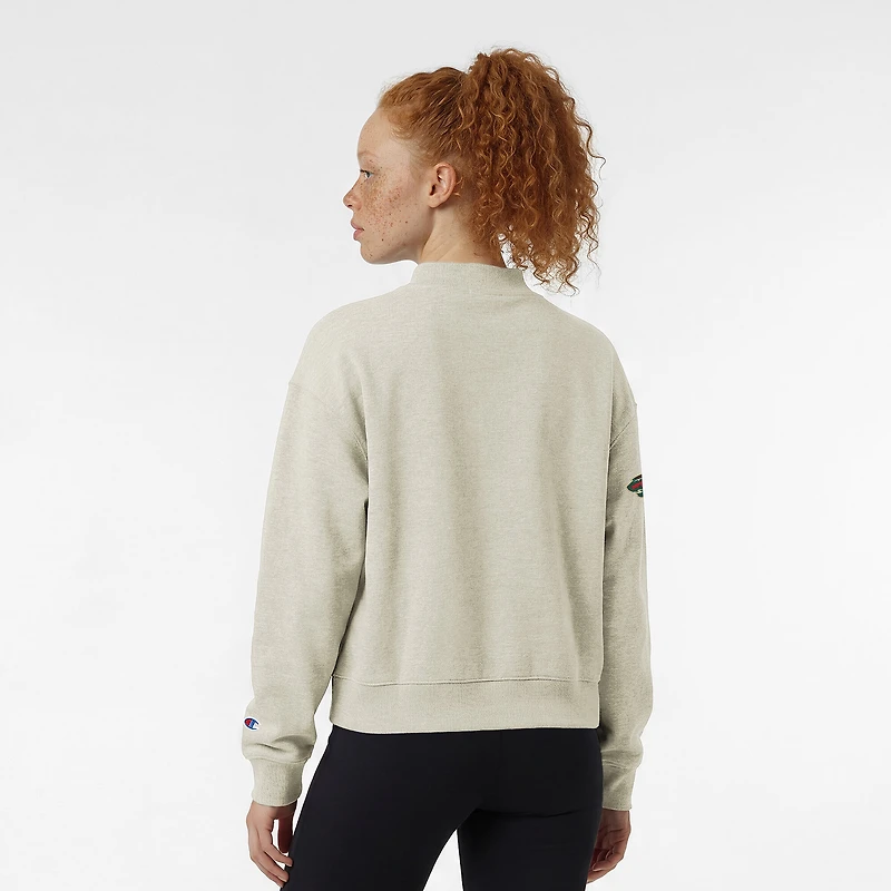 Women's Champion Oatmeal Minnesota Wild Collar Script Triumph Fleece Crewneck Sweatshirt