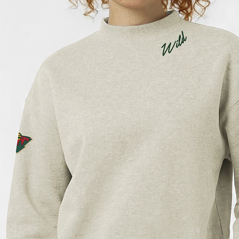 Women's Champion Oatmeal Minnesota Wild Collar Script Triumph Fleece Crewneck Sweatshirt