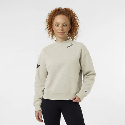 Women's Champion  Oatmeal Minnesota Wild Collar Script Triumph Fleece Crewneck Sweatshirt