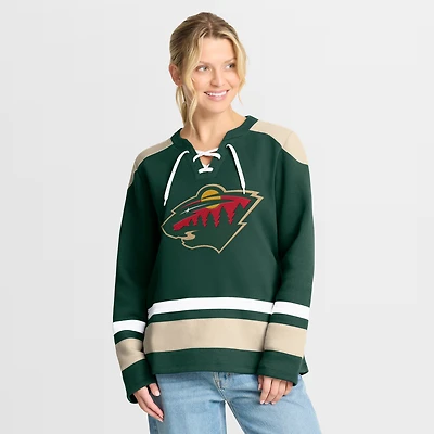 Sweat-shirt à lacets manches longues et imprimé glaçage vert Fanatics pour femme, Minnesota Wild