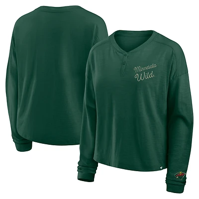 T-shirt Henley surdimensionné à manches longues et imprimé All Out Effort pour femme, vert, Fanatics, Minnesota Wild