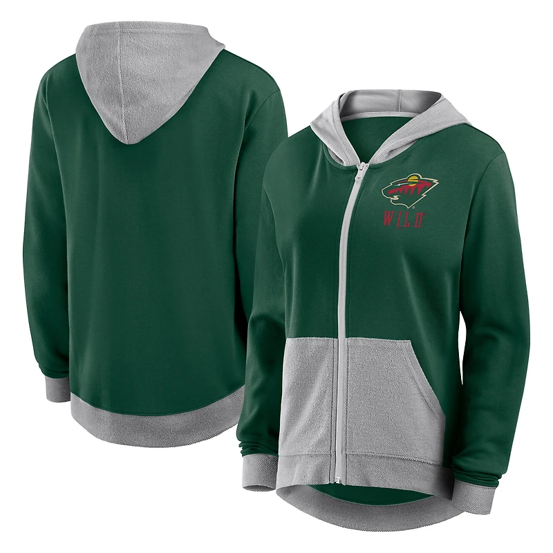 Sweat à capuche zippé en molleton French Terry vert athlétique avec logo pour femme des Wild du Minnesota