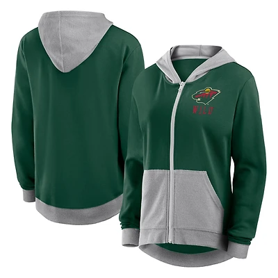 Sweat à capuche zippé en molleton French Terry vert athlétique avec logo pour femme des Wild du Minnesota