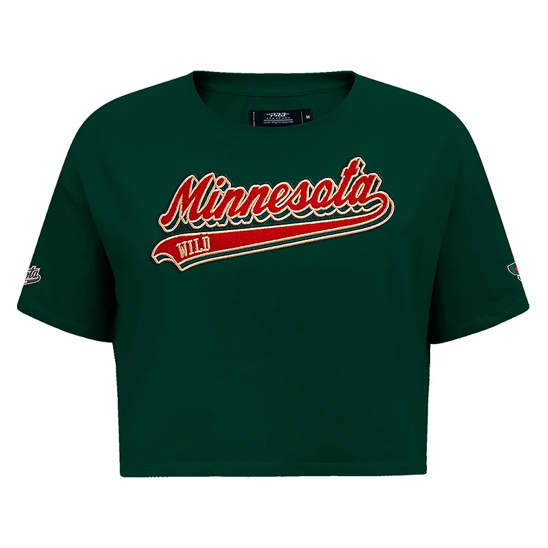 T-shirt court Pro Standard vert Minnesota Wild Boxy Script Tail pour femmes