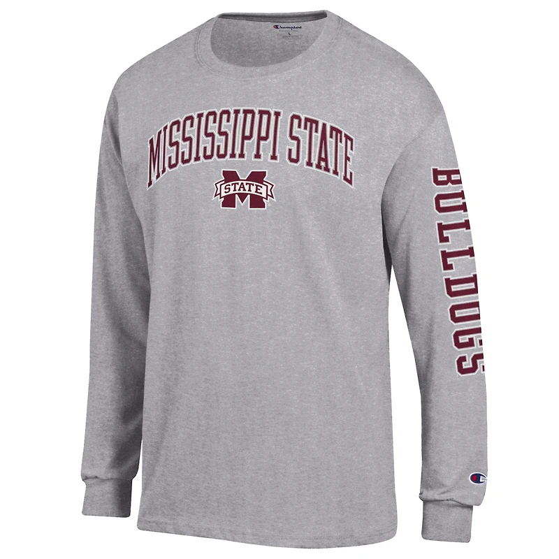Men's Champion  Heather Gray Mississippi State Bulldogs Arch Over Logo 2-Hit Long Sleeve T-Shirt