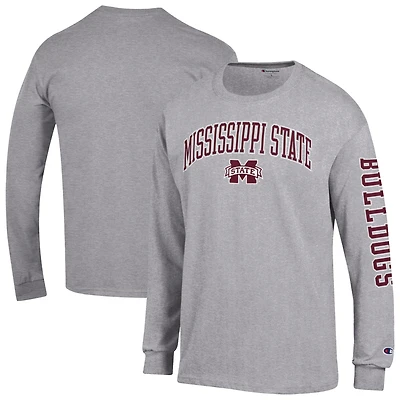 Men's Champion  Heather Gray Mississippi State Bulldogs Arch Over Logo 2-Hit Long Sleeve T-Shirt