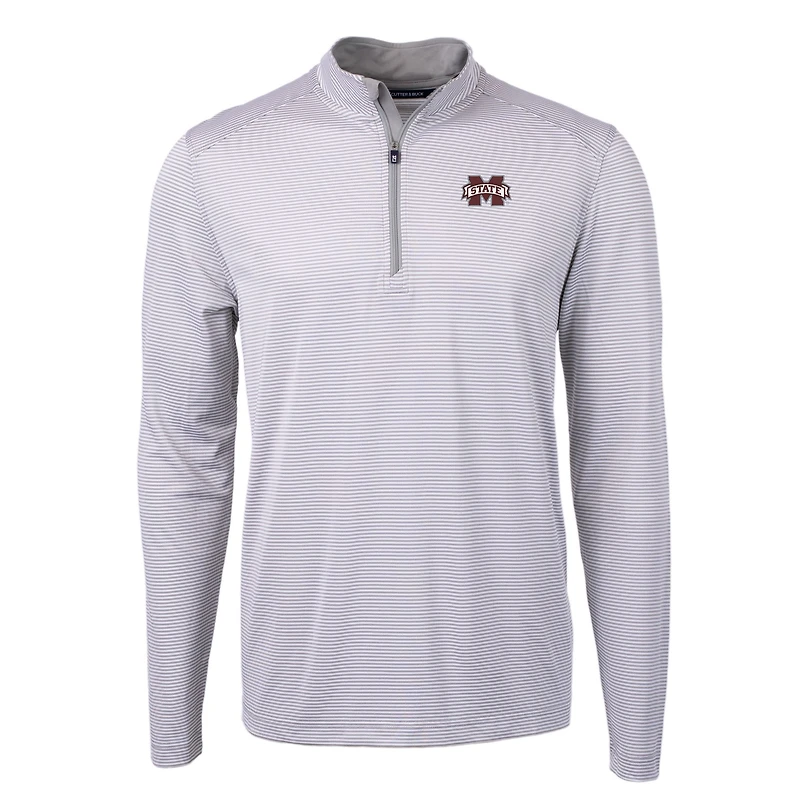 Men's Cutter & Buck Gray/White Mississippi State Bulldogs Big Tall Virtue Eco Pique Micro Stripe Recycled Quarter-Zip Pullover Top