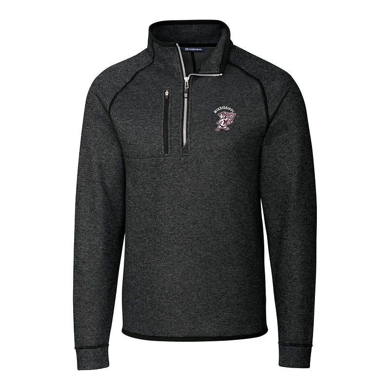 Men's Cutter & Buck Heather Charcoal Mississippi State Bulldogs Mainsail Sweater-Knit Big Tall Half-Zip Pullover Jacket