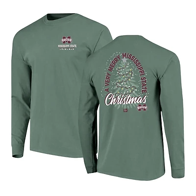 T-shirt à manches longues pour homme Mississippi State Bulldogs, vert, couleurs confort, motif sapin de Noël
