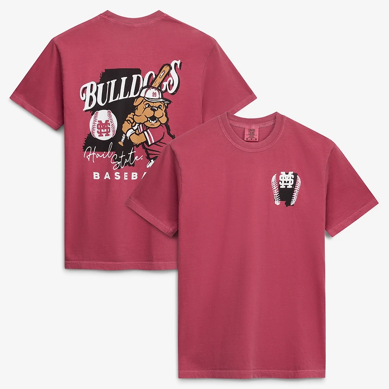 T-shirt de baseball pour homme, couleur bordeaux, avec la mascotte dessinée des Bulldogs l'Université d'État du Mississippi.