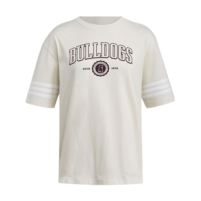 Women's adidas Cream Mississippi State Bulldogs Fashion Three-Stripes Oversized T-Shirt