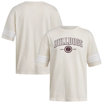 Women's adidas Cream Mississippi State Bulldogs Fashion Three-Stripes Oversized T-Shirt