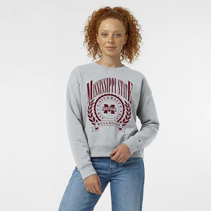 Women's Champion Heather Gray Mississippi State Bulldogs Academic Crest Powerblend Crewneck Sweatshirt