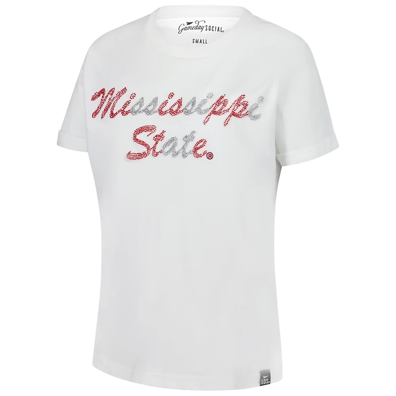 T-shirt blanc cousu à la main avec inscription en perles des Mississippi State Bulldogs pour femme Gameday Social
