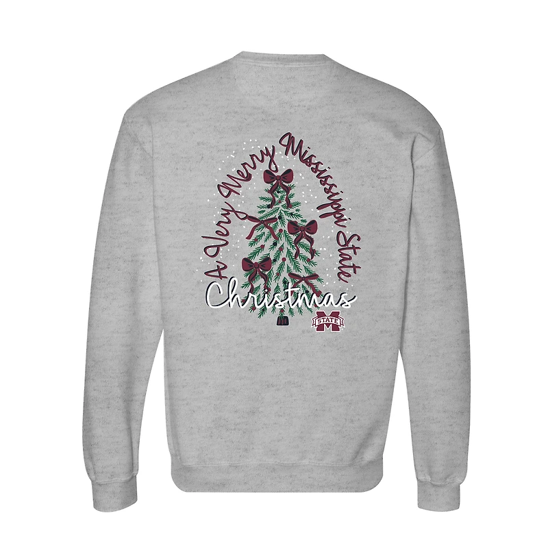 Women's  Heather Gray Mississippi State Bulldogs Classic Merry Christmas Tree Crewneck Sweatshirt