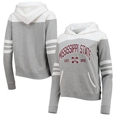 Women's Heathered Gray/White Mississippi State Bulldogs Blitz Sleeve Striped Blocked Raglan Hoodie