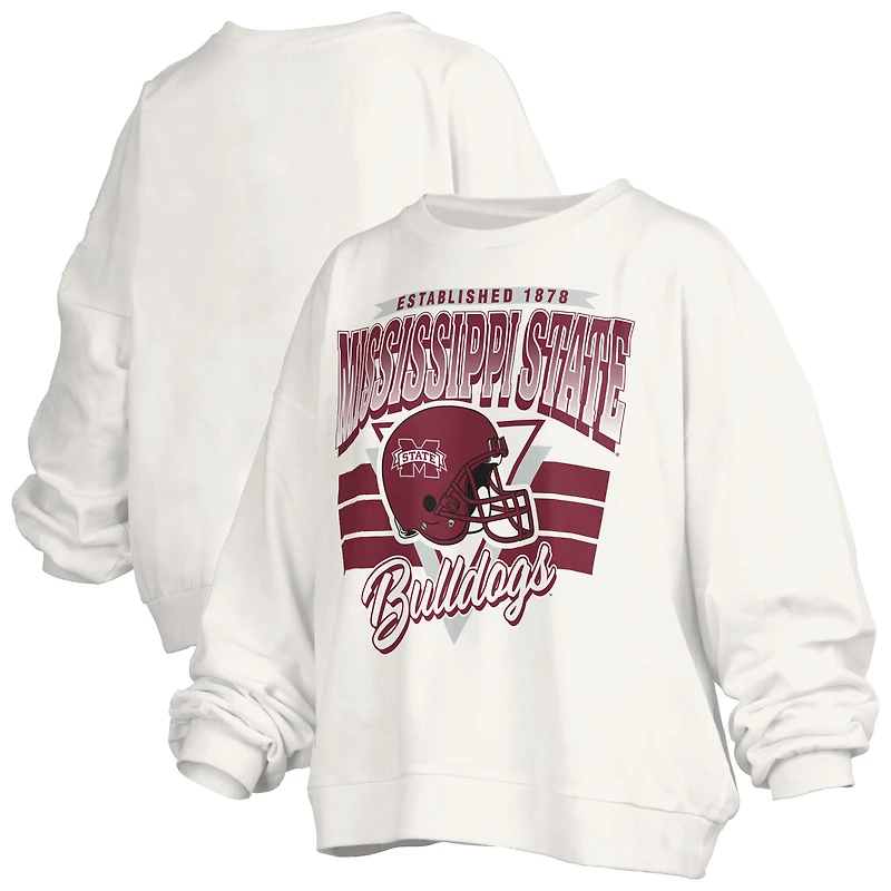 Sweat-shirt surdimensionné rétro Janice pour femme, blanc, style Pressbox, motif Mississippi State Bulldogs, longueur taille
