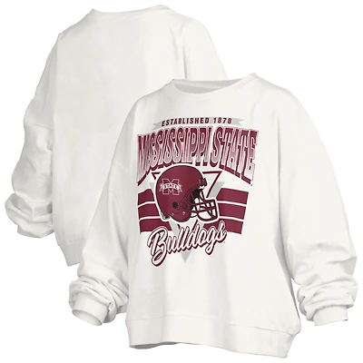 Sweat-shirt surdimensionné rétro Janice pour femme, blanc, style Pressbox, motif Mississippi State Bulldogs, longueur taille
