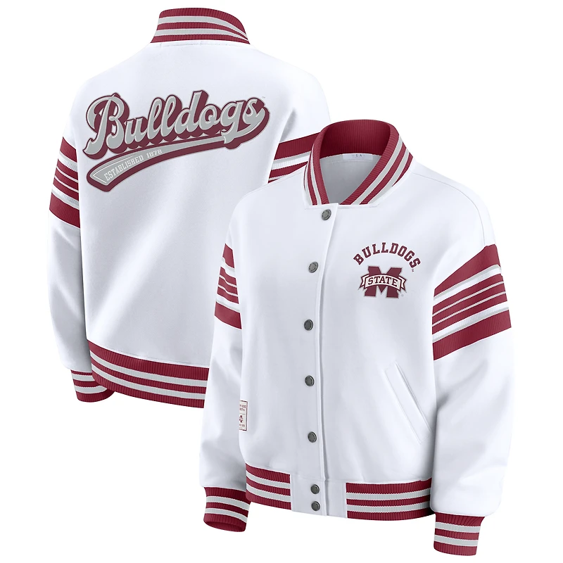Women's WEAR by Erin Andrews White/Maroon Mississippi State Bulldogs Satin Stitch Full-Snap Fleece Sweatshirt Jacket