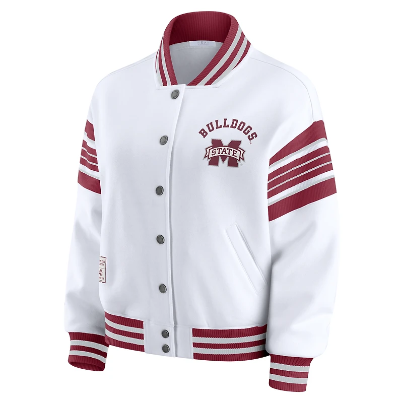 Veste sweat-shirt en polaire à boutons-pression et point satin pour femme WEAR by Erin Andrews, blanc/marron, Mississippi State Bulldogs